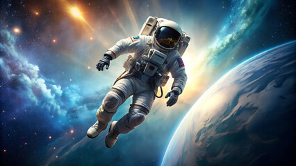 Fototapeta premium An astronaut in space in near-earth orbit.