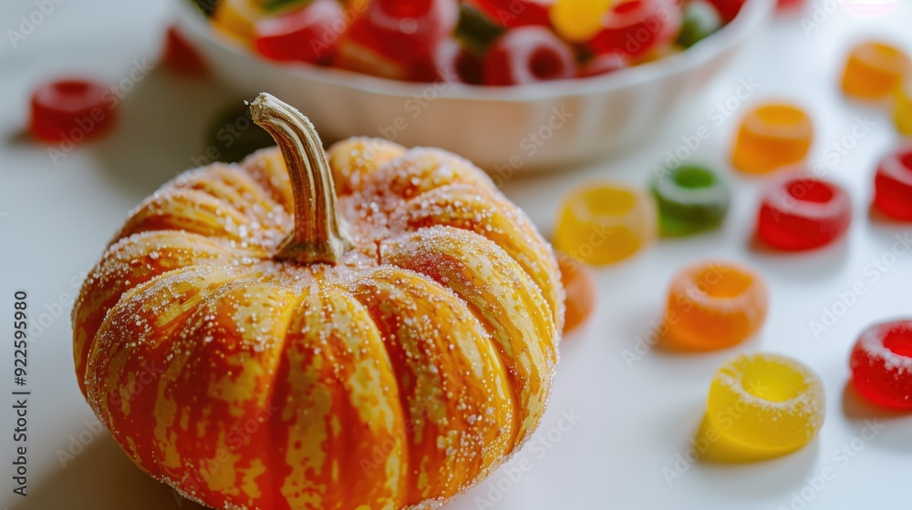 Wall mural a large pumpkin on an orange table,