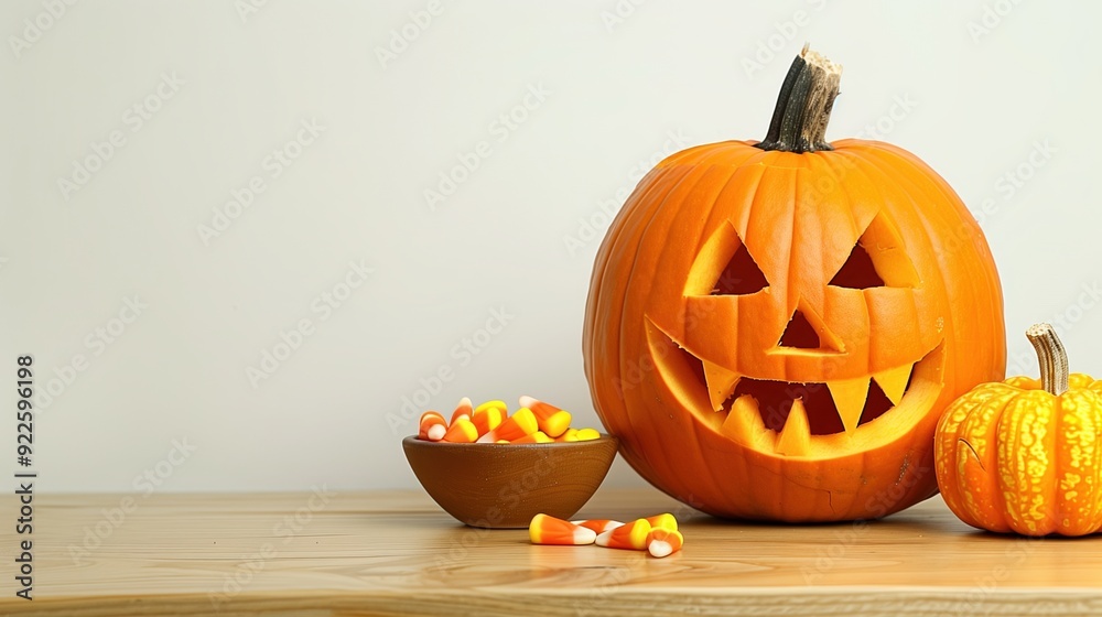 Wall mural a large pumpkin on an orange table,