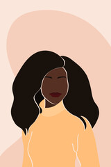 Abstract black pretty woman. Stylish african american faceless girl portrait or poster in boho style. Flat vector illustration in earthy tones. Modern female print, girl wall art decor, design avatar