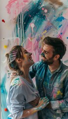 Obraz premium Creative Couple Painting Together in Vibrant Living Room for Home Renovation with Laughter and Joy