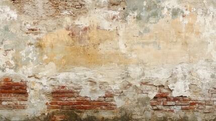 Ancient brick wall with faded frescoes and weathered surfaces, showing the passage of time.