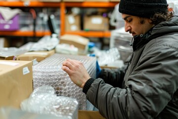 Shipping Store Clerk Wrapping Package with Bubble Wrap for Secure Shipping Solutions