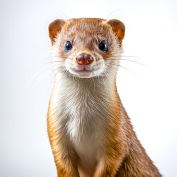 Niedliches Wiesel, freigestellt vor weissem Hintergrund, Generative AI