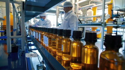 Laboratory environment for water testing, with scientists analyzing samples and recording data