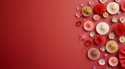 Obraz premium Festive Decorations With Paper Fans and Ornaments on Red Background