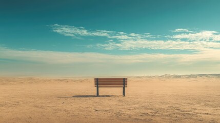 A bench standing alone in a deserted landscape, with sand stretching to the horizon.