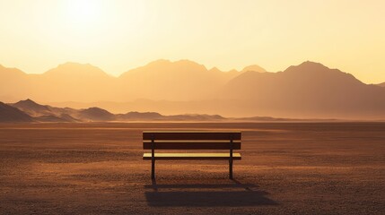 A bench in the middle of a desert with the distant silhouette of mountains.