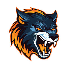 Fire wolf logo. Roaring wolf with flame. Image of the head of an aggressive wolf. Werewolf head mascot. Sports logo for design.