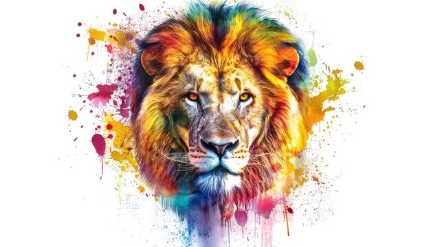 Colorful Lion Portrait with Watercolor Splatter - Powered by Adobe