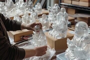 Preparing Glass Figurines for Shipment in a Modern Packaging Station for Secure Delivery