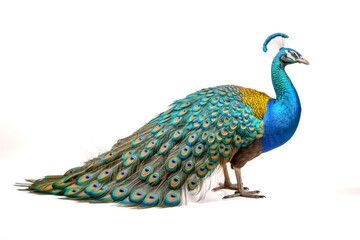 Obraz premium Prächtiger Pfau, freigestellt vor weissem Hintergrund, Generative AI