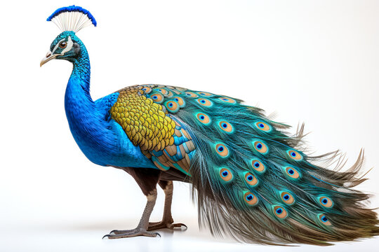 Pr&auml;chtiger Pfau, freigestellt vor weissem Hintergrund, Generative AI