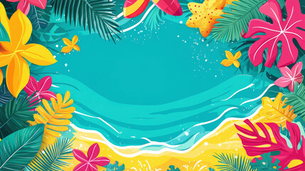 Colorful abstract summer background with water and beach elements, summer beach poster template