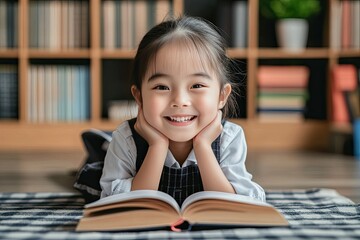 A joyful girl reading intently at home in a cozy library corner during the afternoon