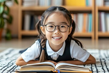 A cheerful young girl immersed in reading a book on a cozy rug in a brightly lit room filled with bookshelves
