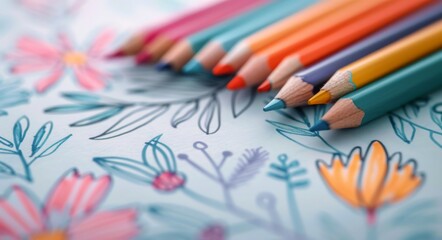 Colorful Pencils Lying on Floral Coloring Page in Cozy Indoor Setting
