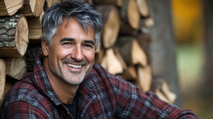 Handsome Middle-aged Man Smiling by Woodpile Outdoors