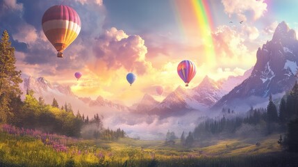 A serene valley with colorful balloons floating above, with a rainbow glowing in the background.