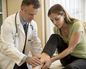 Fototapeta premium A doctor examining a female patient's swollen ankles AI generated