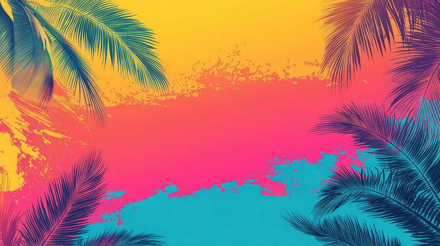 Colorful summer background with palm trees and color splashes, summer beach poster template