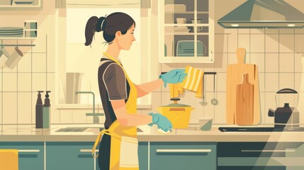 Efficient Housekeeper Multitasking in Modern Kitchen, Cleaning and Organizing Items for a Spotless Home