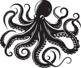 Octopus Silhouette Vector Illustration On Isolated White Background