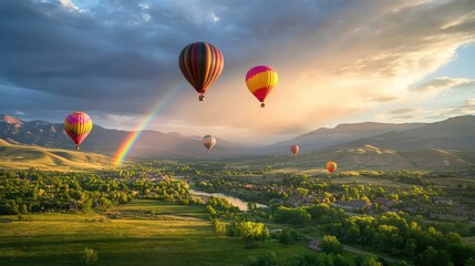 Obraz premium A group of balloons drifting over a picturesque valley, with a bright rainbow in the distance.