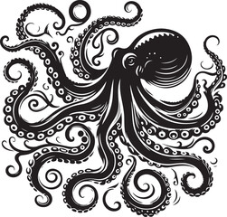 Octopus Silhouette Vector Illustration On Isolated White Background