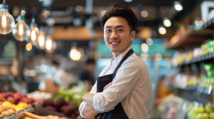 Fototapeta premium Smiling male asian seller in health food store 