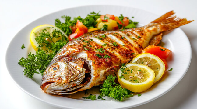 a  beautifully fried sea bream served on a white plate. The trout a golden-brown, crispy skin with of herbs and spices, white background. It is garnished with fresh lemon slices, parsley