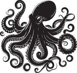 Octopus Silhouette Vector Illustration On Isolated White Background