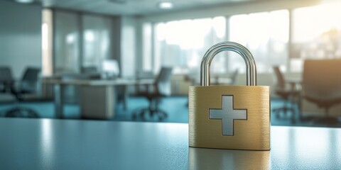 Fototapeta premium This visual representation highlights the concept of healthcare data security. It features a padlock prominently, symbolizing the protection of sensitive information within a hospital setting