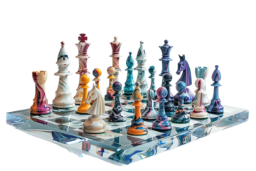 innovative chess set with abstract glass elements and artistic design isolated on transparent background