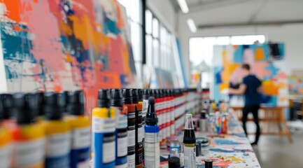 Vibrant Art Studio With Paints and Artist Creating Colorful Abstract Works