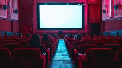 Fototapeta premium A darkened movie theater with rows of red seats facing a blank screen. Silhouettes of people seated in the theater.