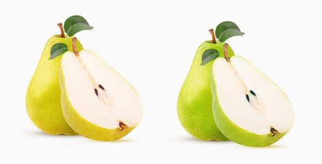 Fresh pears, one and a half yellow and green fruit with leaf