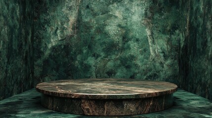 Fototapeta premium Elegant green marble platform in a minimalist setting, surrounded by textured green walls, creating a serene and sophisticated atmosphere for presentations or displays.
