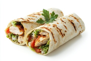 Savory Shawarma Delights: Juicy Chicken Gyro Wrap Isolated on a White Background for Mouthwatering Food Presentation.