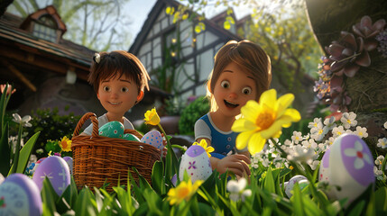 Children hunting for Easter eggs in a garden. Animated character, C4D model rendering, 3D rendering - Generative AI