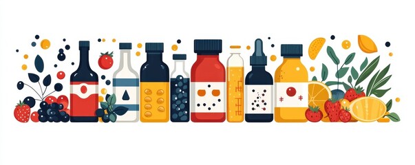 Fototapeta premium Daily nutrition, vitamin intake icons, flat design illustration