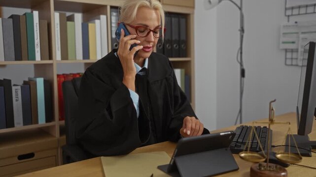 Woman judge talking on smartphone and using tablet in office workplace with legal books and scales in background