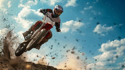 Dynamic Motocross Rider High Jump on Rugged Track Under Blue Sky - Perfect Action Shot