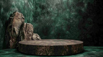 Fototapeta premium Natural stage setting with textured rocks, circular wooden platform, and deep green backdrop creating a serene and earthy atmosphere perfect for performances or showcases.