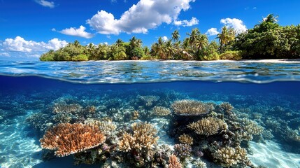 Vibrant underwater scene showcasing coral reefs beneath clear blue water with a tropical island in the background.