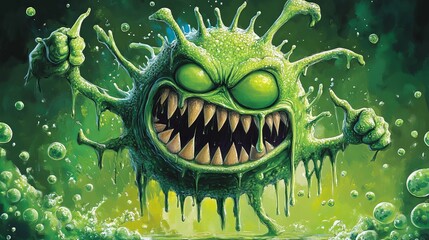 Cartoonish green virus creature with sharp teeth in a colorful background
