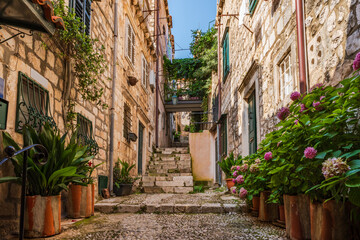 View down a narrow alley in Dubrovnik, Croatia © beataaldridge
