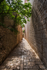 View down a narrow alley in Dubrovnik, Croatia