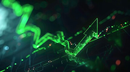 An abstract representation of data points connected by lines, forming an upward arrow in a dark environment.