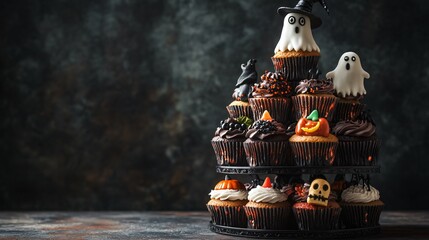 A spooky Halloween cupcake tower with cupcakes decorated as mummies, witches, and ghosts, set against a dark, eerie background